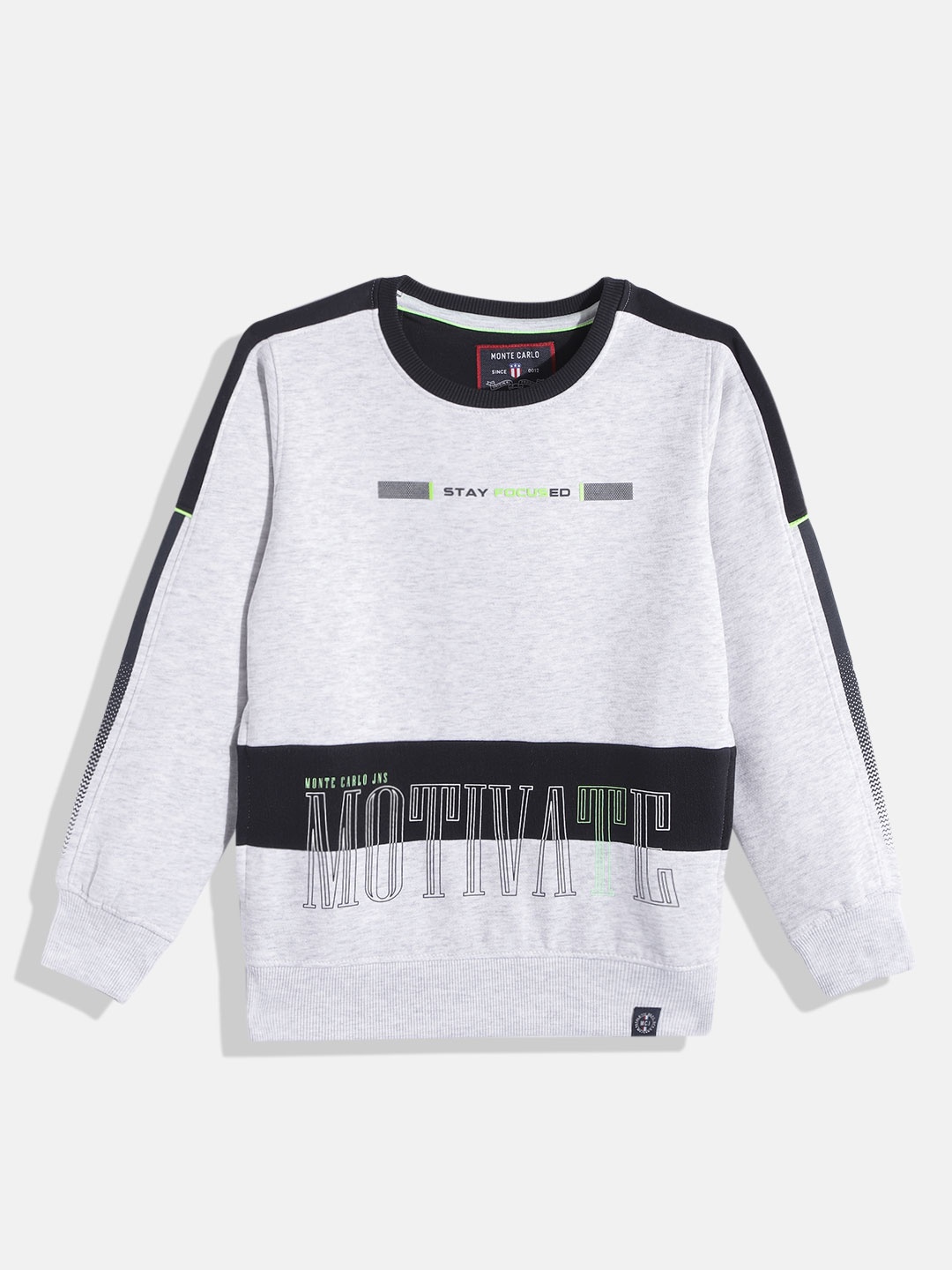 

Monte Carlo Boys Grey Melange & Navy Blue Typography Printed Sweatshirt