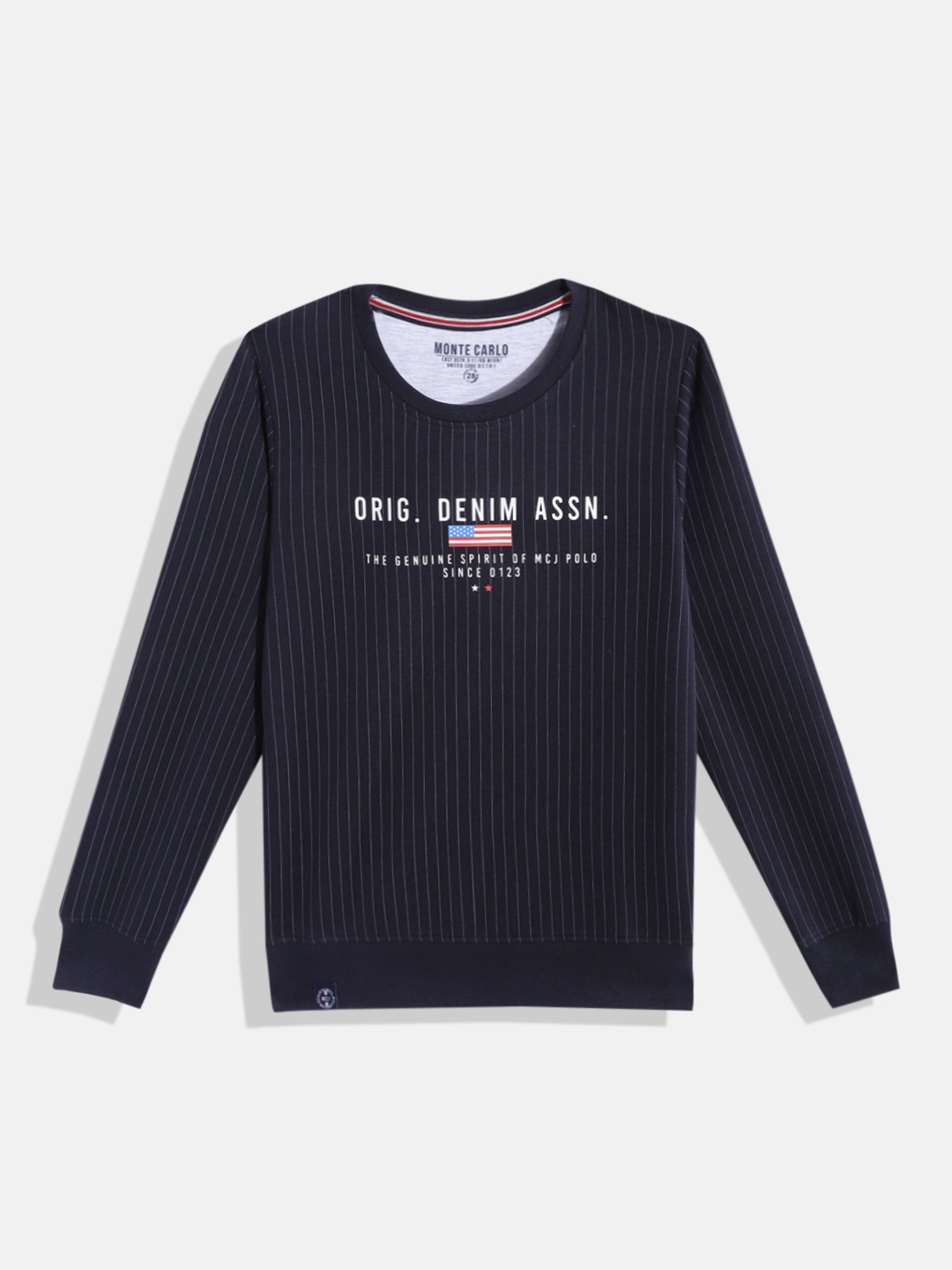 

Monte Carlo Boys Navy Blue & White Striped Sweatshirt with Typography Print