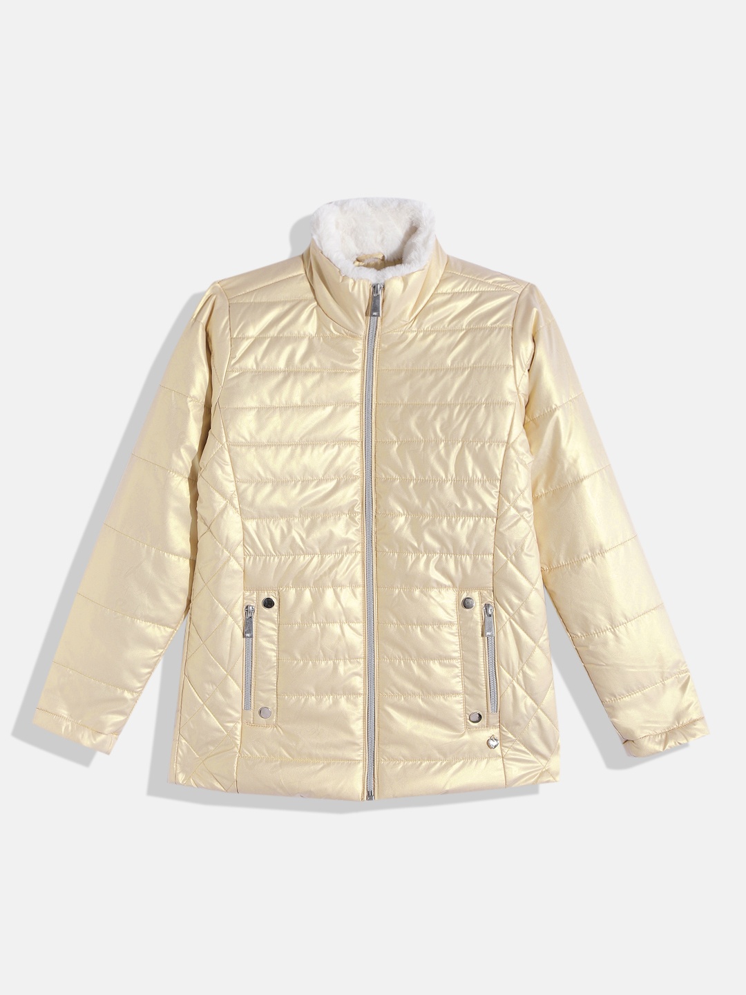 

Monte Carlo Girls Gold-Toned Solid Padded Jacket with Faux Fur Lining