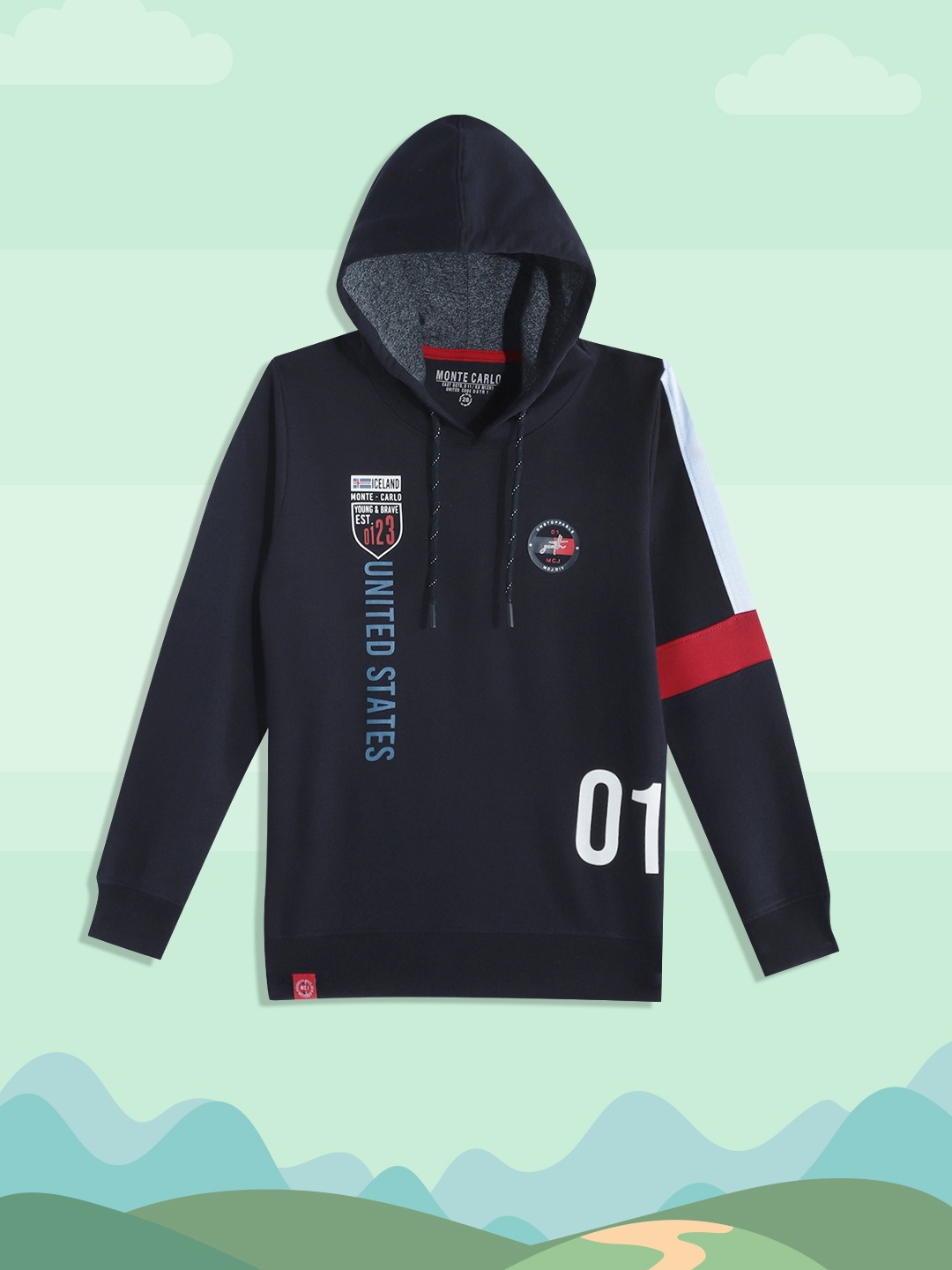 

Monte Carlo Boys Navy Blue & White Typography Printed Hooded Sweatshirt
