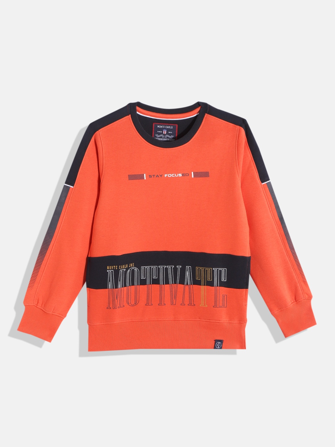 

Monte Carlo Boys Orange & Navy Blue Typography Printed Sweatshirt