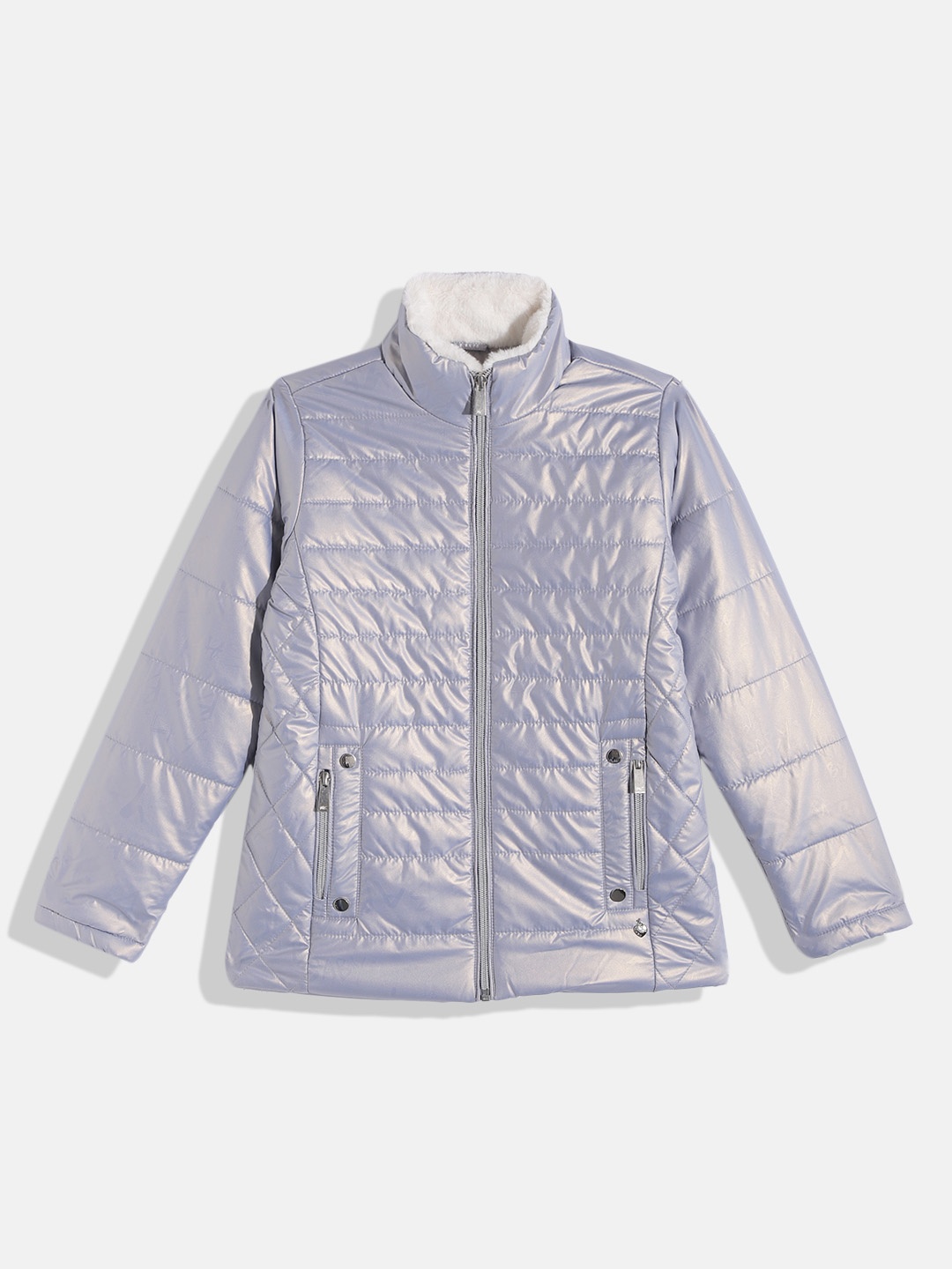 

Monte Carlo Girls Grey Solid Padded Jacket with Faux Fur