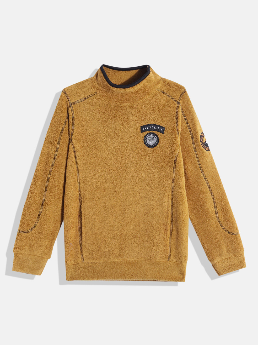 

Monte Carlo Boys Mustard Yellow Solid High Neck Sweatshirt with Sherpa Upper