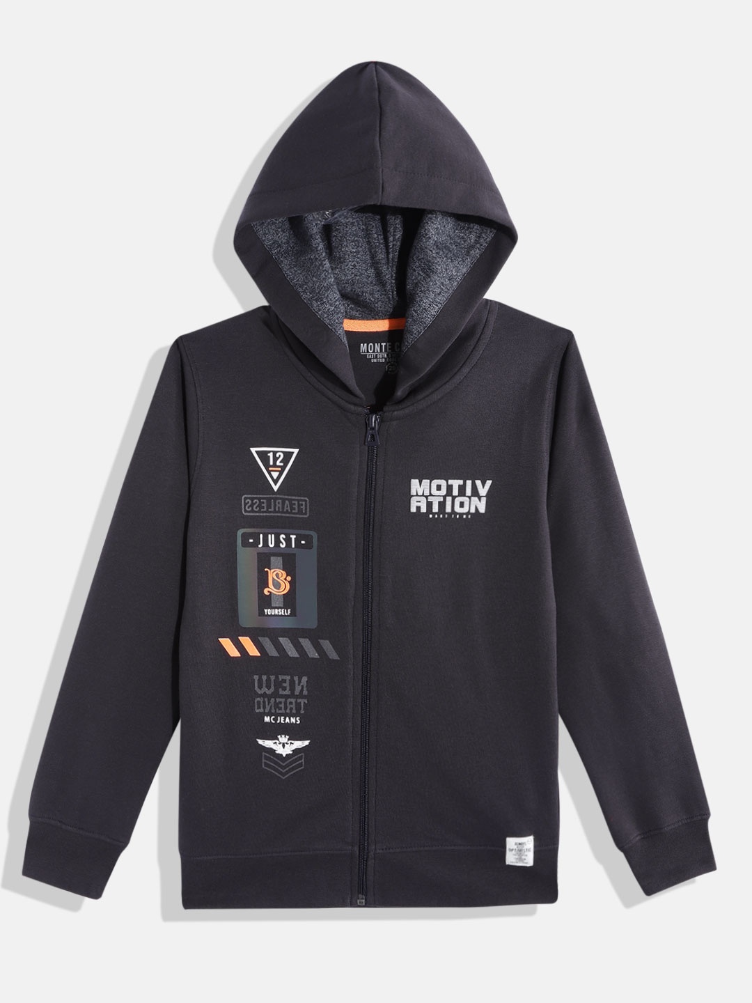 

Monte Carlo Boys Charcoal Grey & Orange Typography Printed Hooded Sweatshirt
