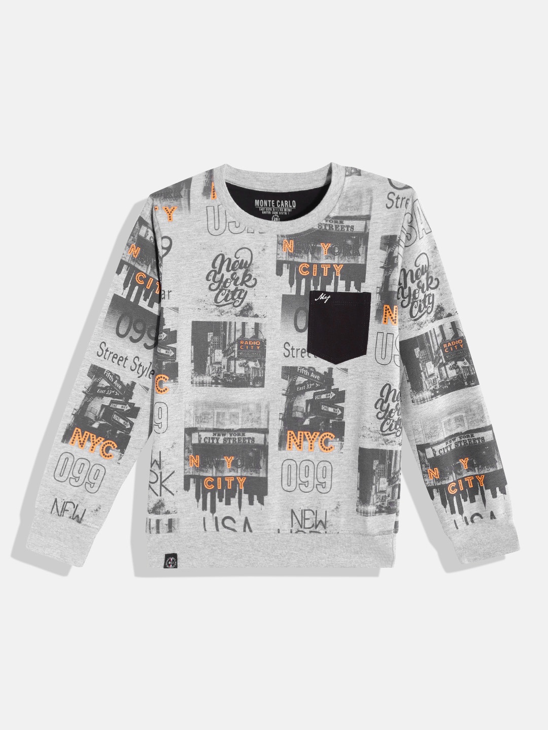 

Monte Carlo Boys Grey Melange & Black Graphic Printed Sweatshirt with Contrast Pocket