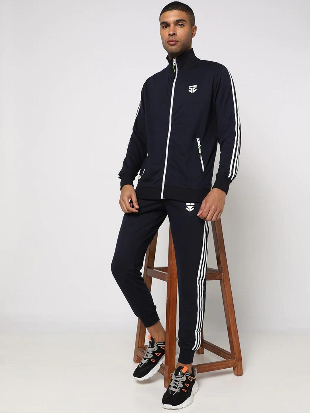 

Sports52 wear Men Navy Blue Brand Logo Printed Pure Cotton Tracksuit With Side Stripes