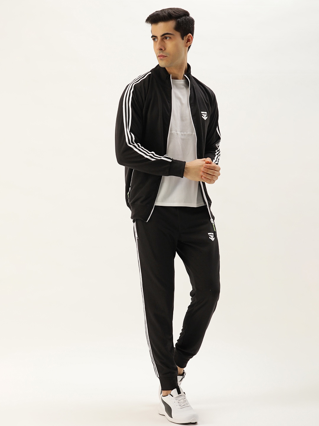 

Sports52 wear Men Black Brand Logo Printed Comfort Fit Tracksuit With Side Stripes