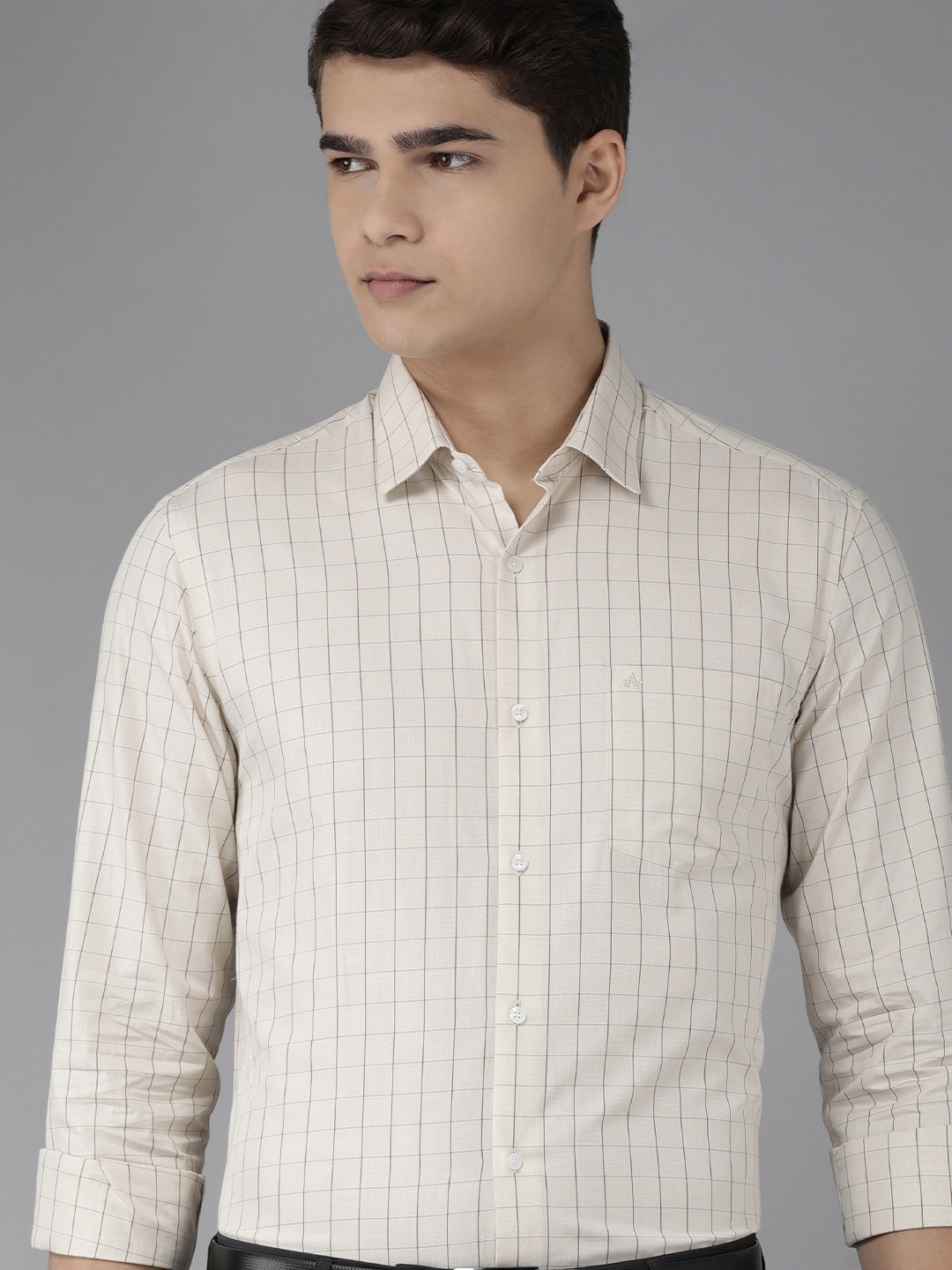 

Arrow Men Beige & Brown Manhattan Slim Fit Grid Tattersall Checked Cotton Formal Shirt