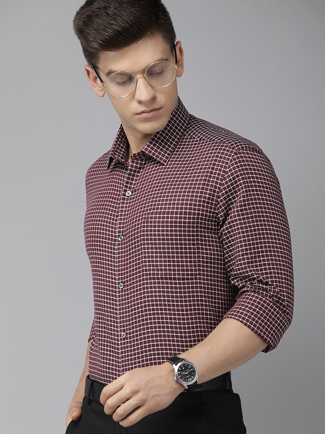 

Arrow Men Maroon Grid Tattersall Checks Original Slim Fit Pure Cotton Formal Shirt
