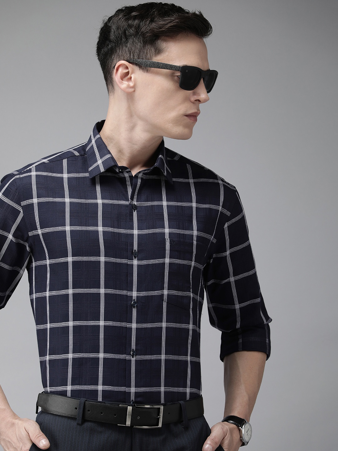 

Arrow Men Navy Blue Original Slim Fit Windowpane Checks Pure Cotton Formal Shirt