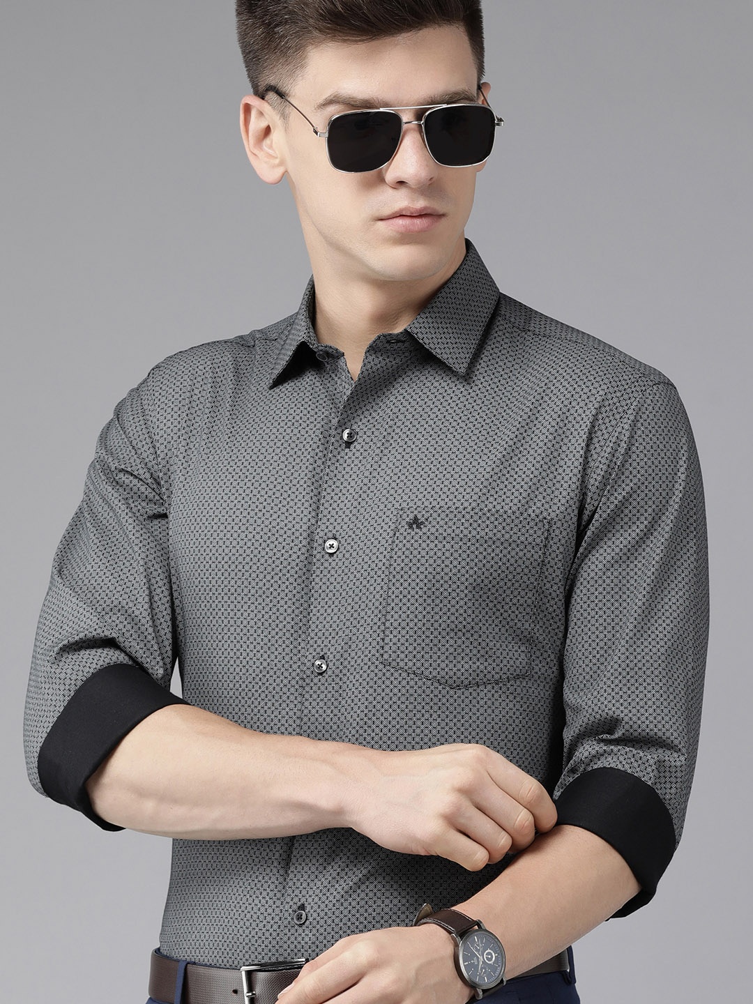 

Arrow Men Black And Grey Original Slim Fit Printed Pure Cotton Formal Shirt