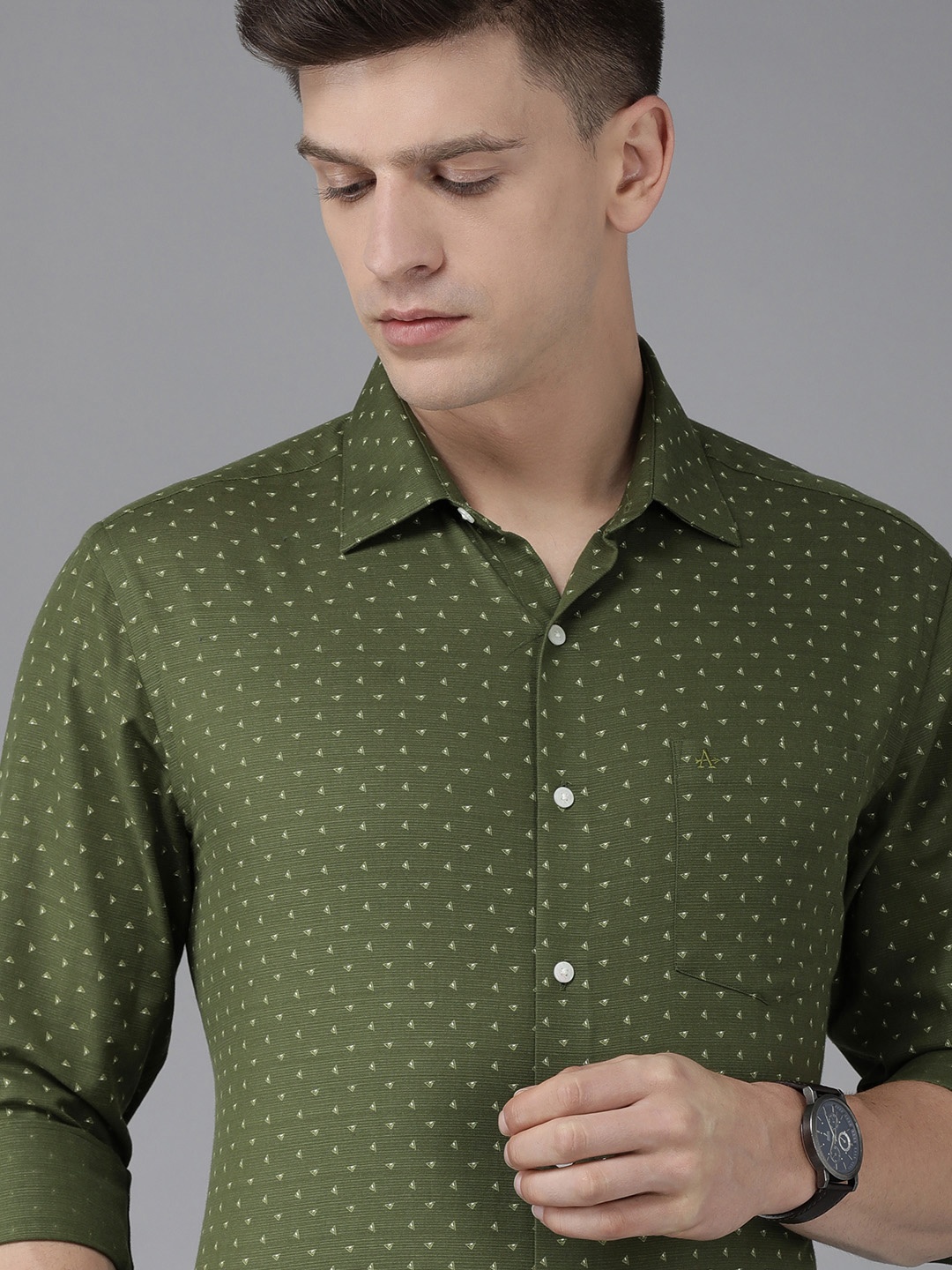 

Arrow Men Olive Green And White Original Slim Fit Printed Pure Cotton Formal Shirt