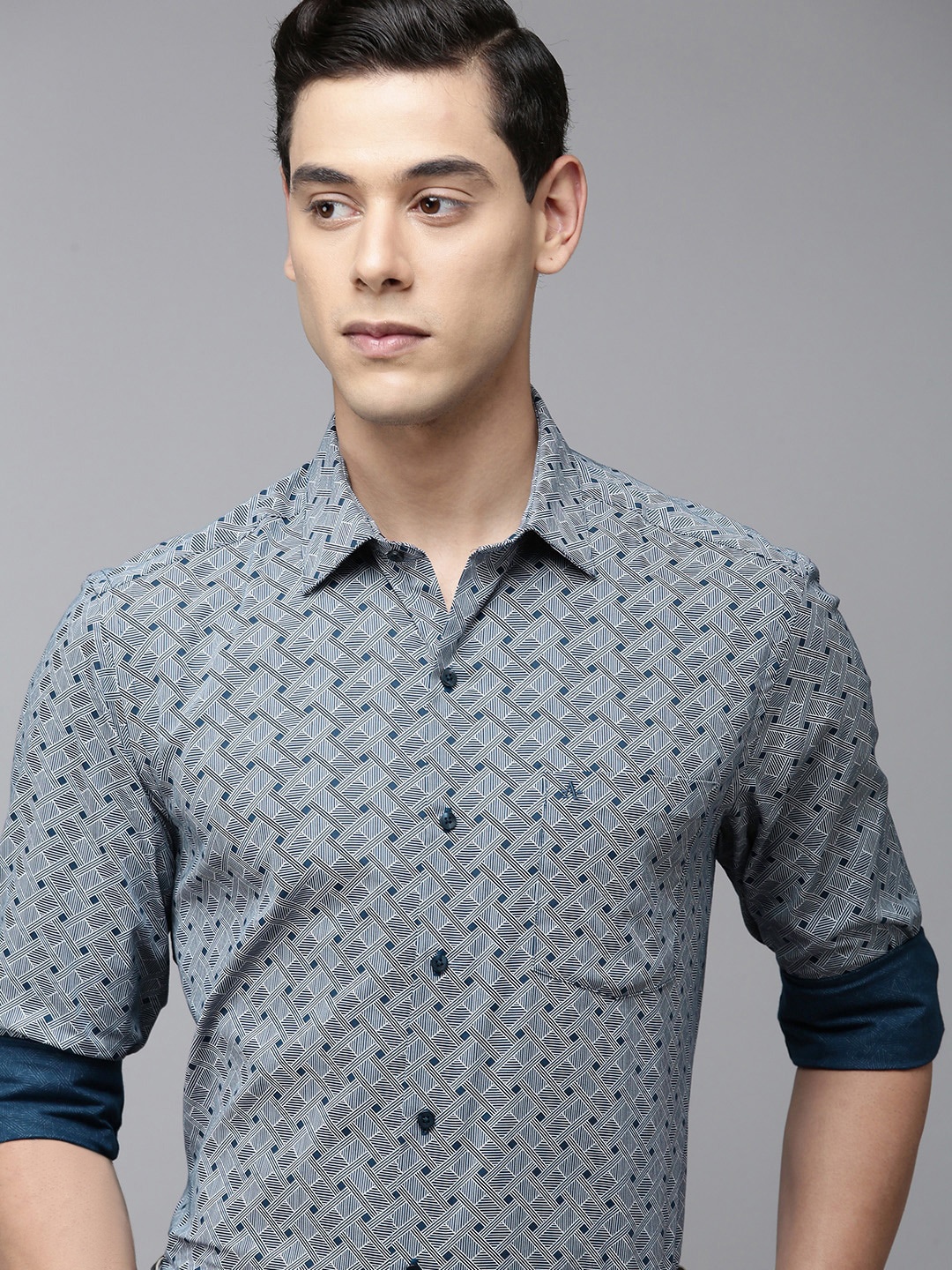 

Arrow Men Navy Blue & White Original Slim Fit Printed Pure Cotton Formal Shirt