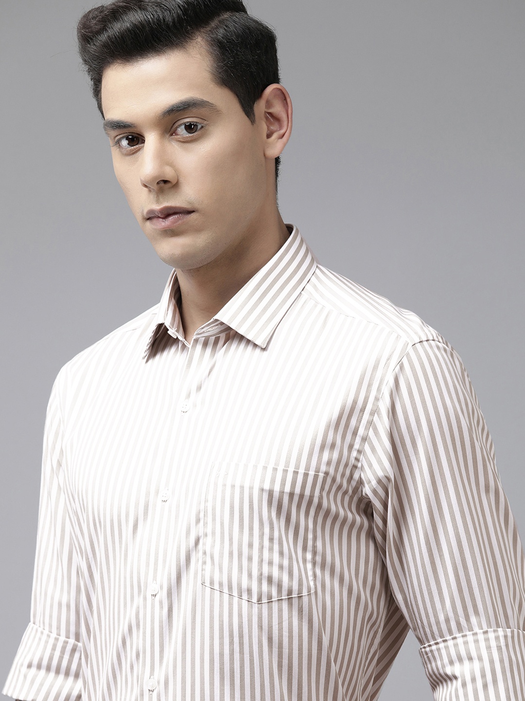 

Arrow Men Taupe Brown Original Slim Fit Bengal Stripes Opaque Pure Cotton Formal Shirt