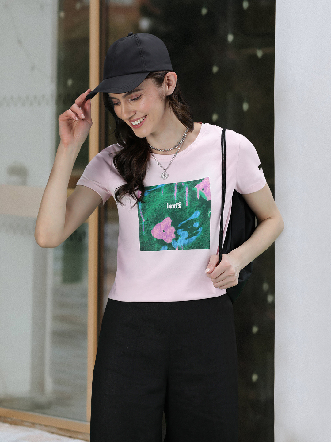 

Levis Women Peach-Coloured Graphic Printed Pure Cotton T-shirt