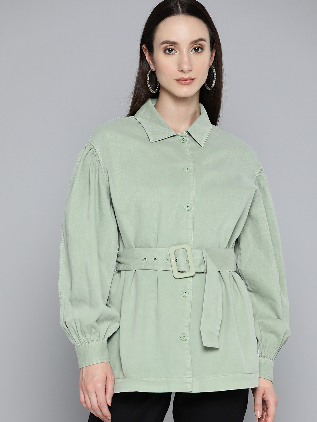 

Levis X Deepika Padukone Pure Cotton Relaxed Fit Belted Puff Sleeves Shacket, Green