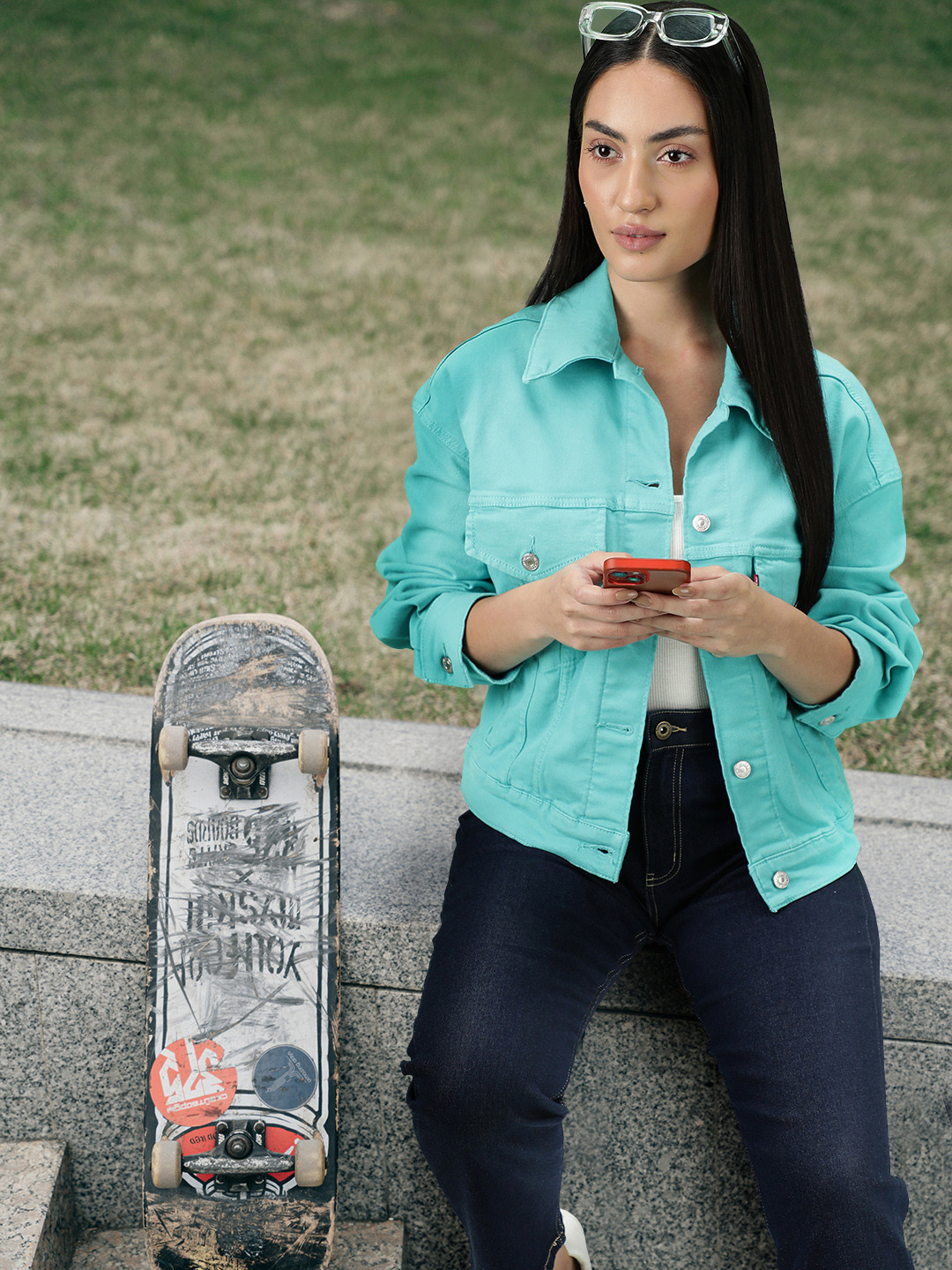 

Levis Women Light Blue Solid Denim Jacket with Oversized Pockets