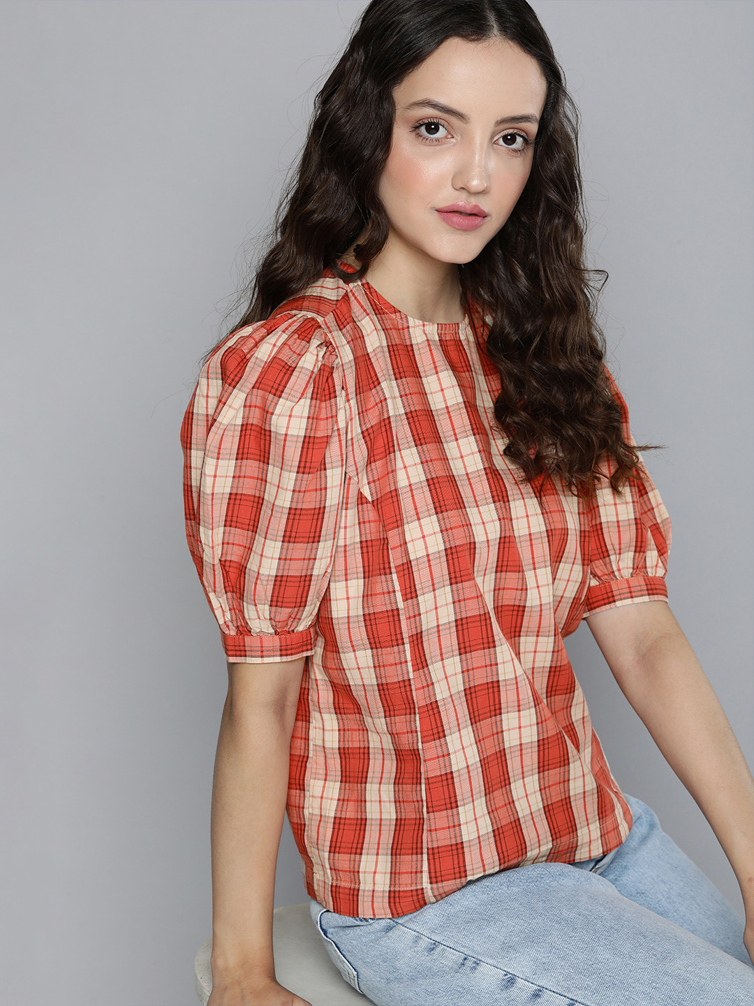 

Levis Women Red & White Checked Round-Neck Pure Cotton Top