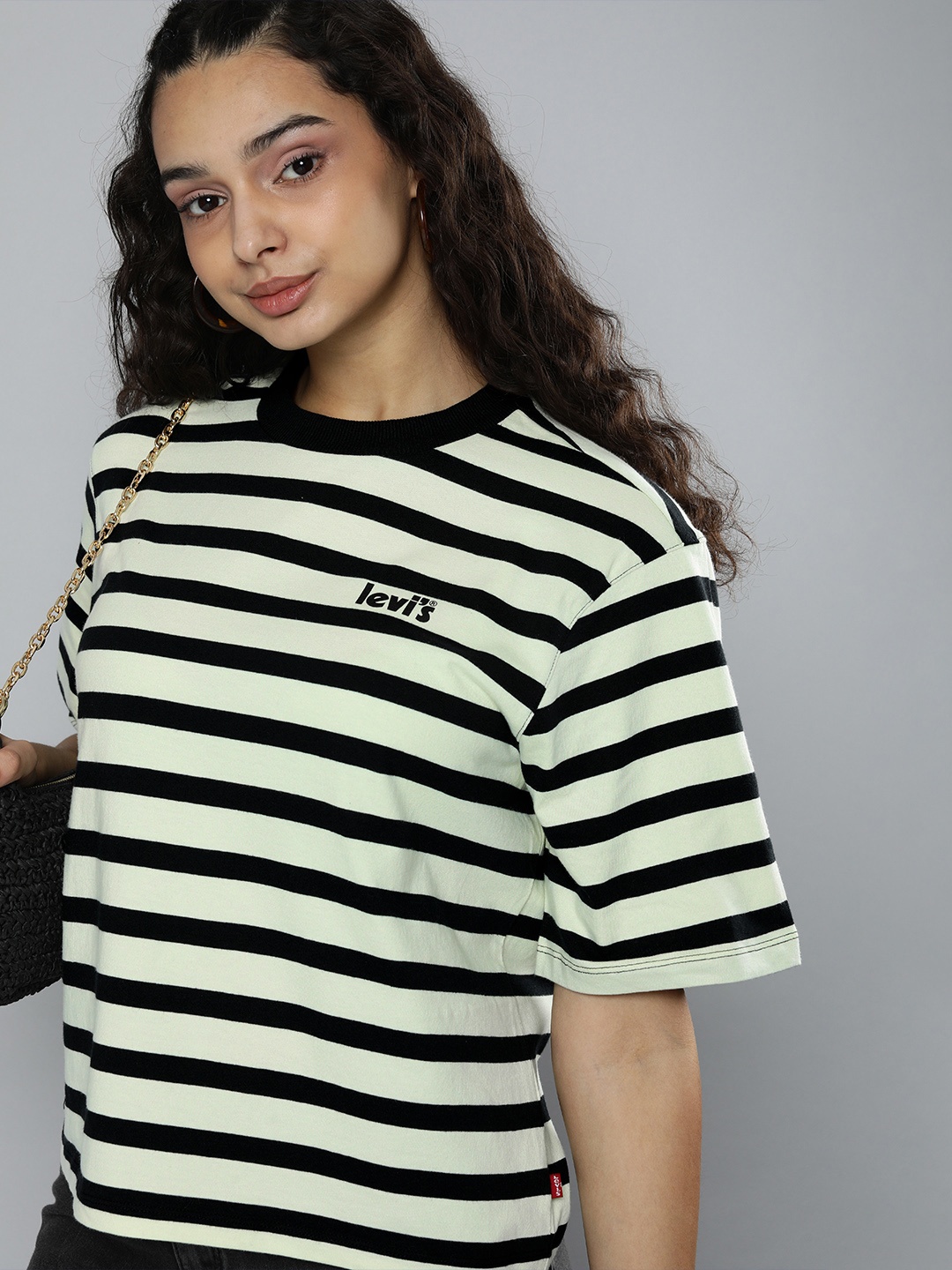

Levis Women Black & Mint Green Striped Pure Cotton Easy Fit T-shirt
