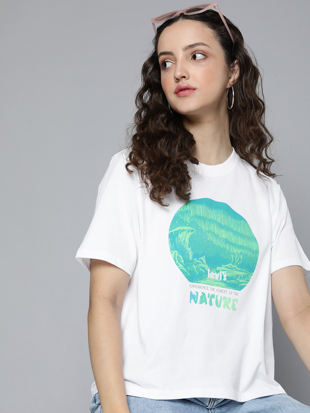 

Levis Women White & Green Graphic Printed Pure Cotton Oversized T-shirt