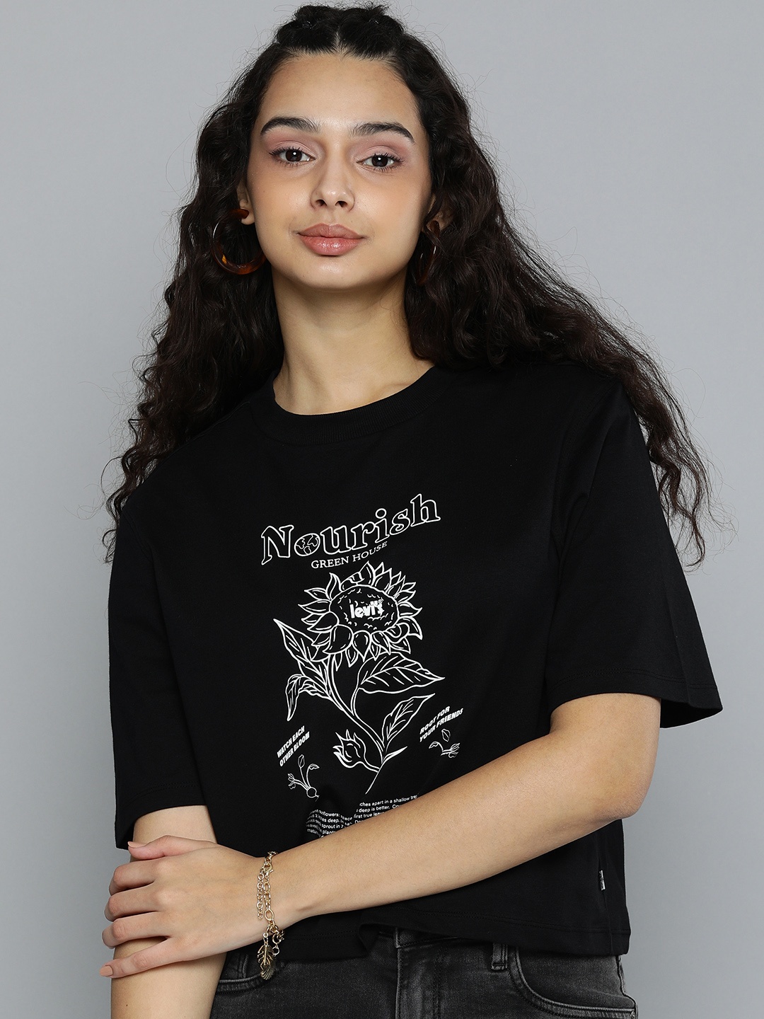 

Levis Women Black Printed Pure Cotton Easy Fit T-shirt