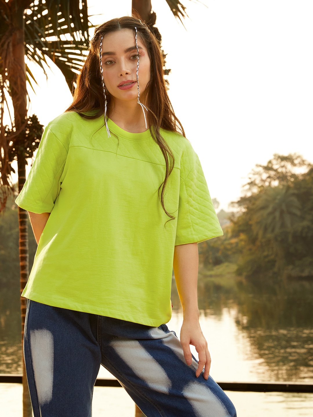 

Levis Women Neon Yellow Solid Pure Cotton Casual T-shirt