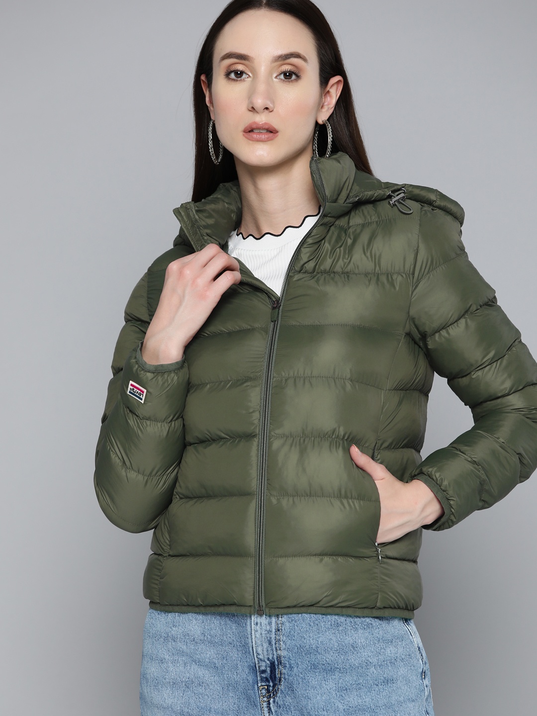 

Levis Women Solid Hooded Padded Jacket, Olive