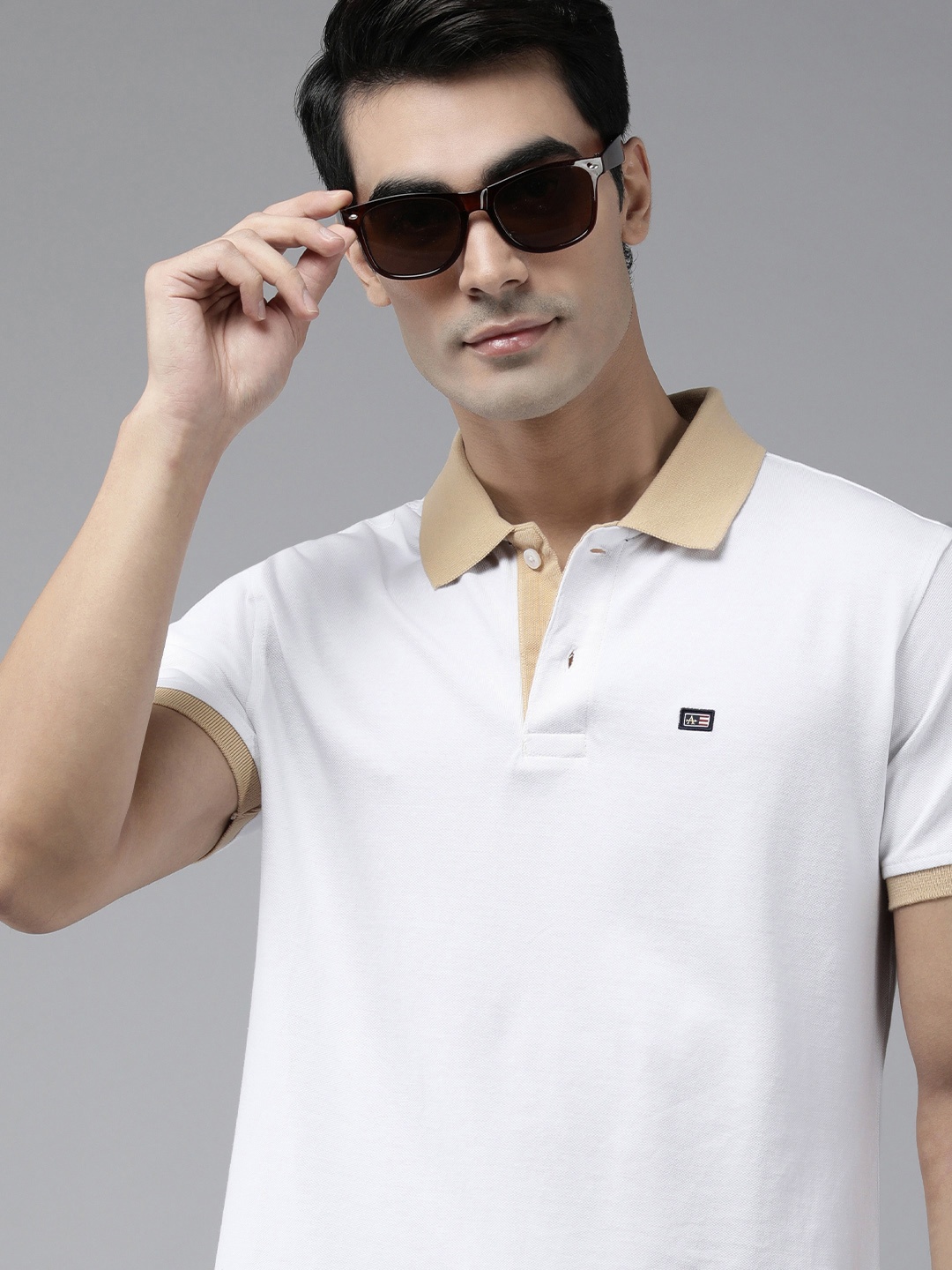 

Arrow Men White & Beige Embroidered Polo Collar Pure Cotton T-shirt
