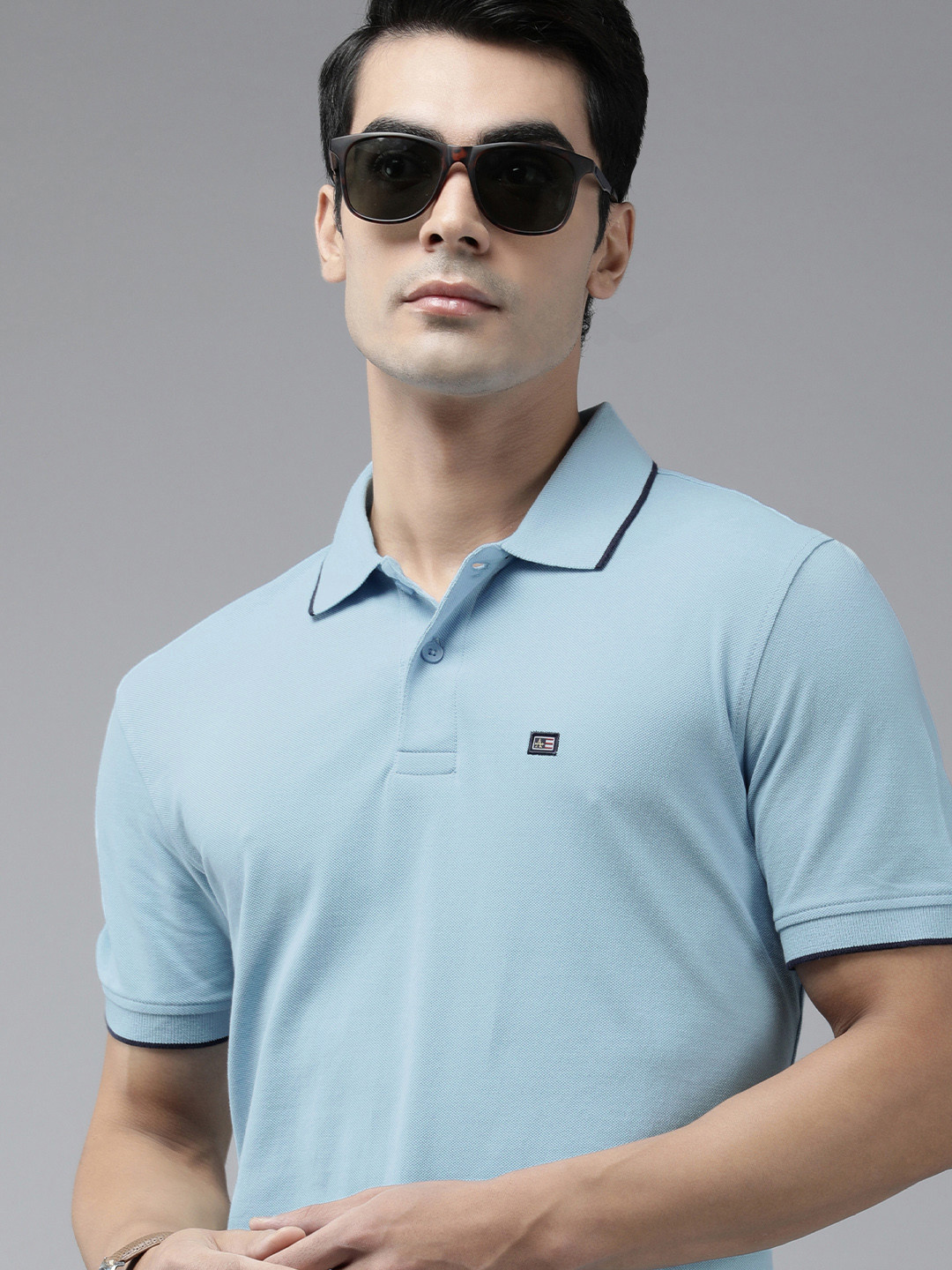 

Arrow Men Light Blue Embroidered Polo Collar Pure Cotton T-shirt