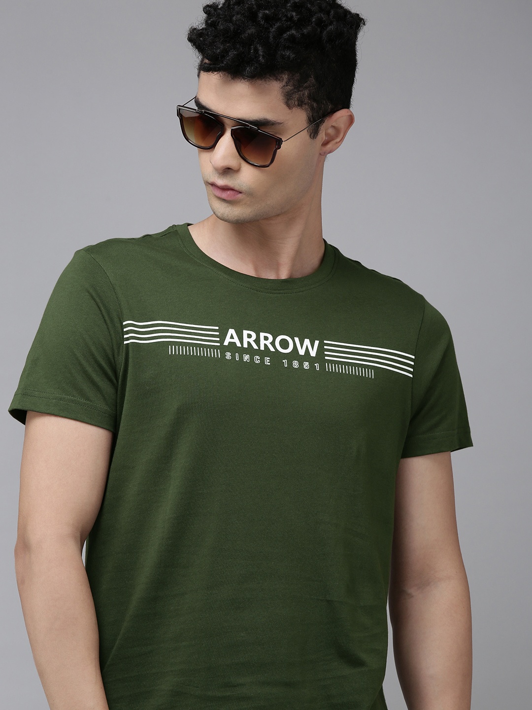 

Arrow Men Olive Green Brand Logo Print Round Neck Regular Sleeves Pure Cotton T-shirt