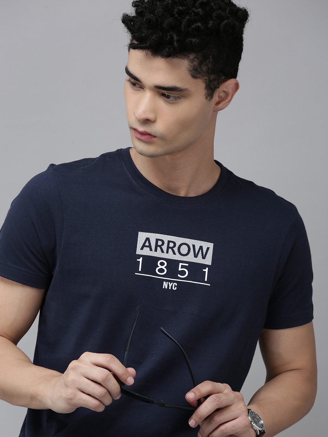 

Arrow Men Navy Blue Brand Logo Printed Pure Cotton T-shirt