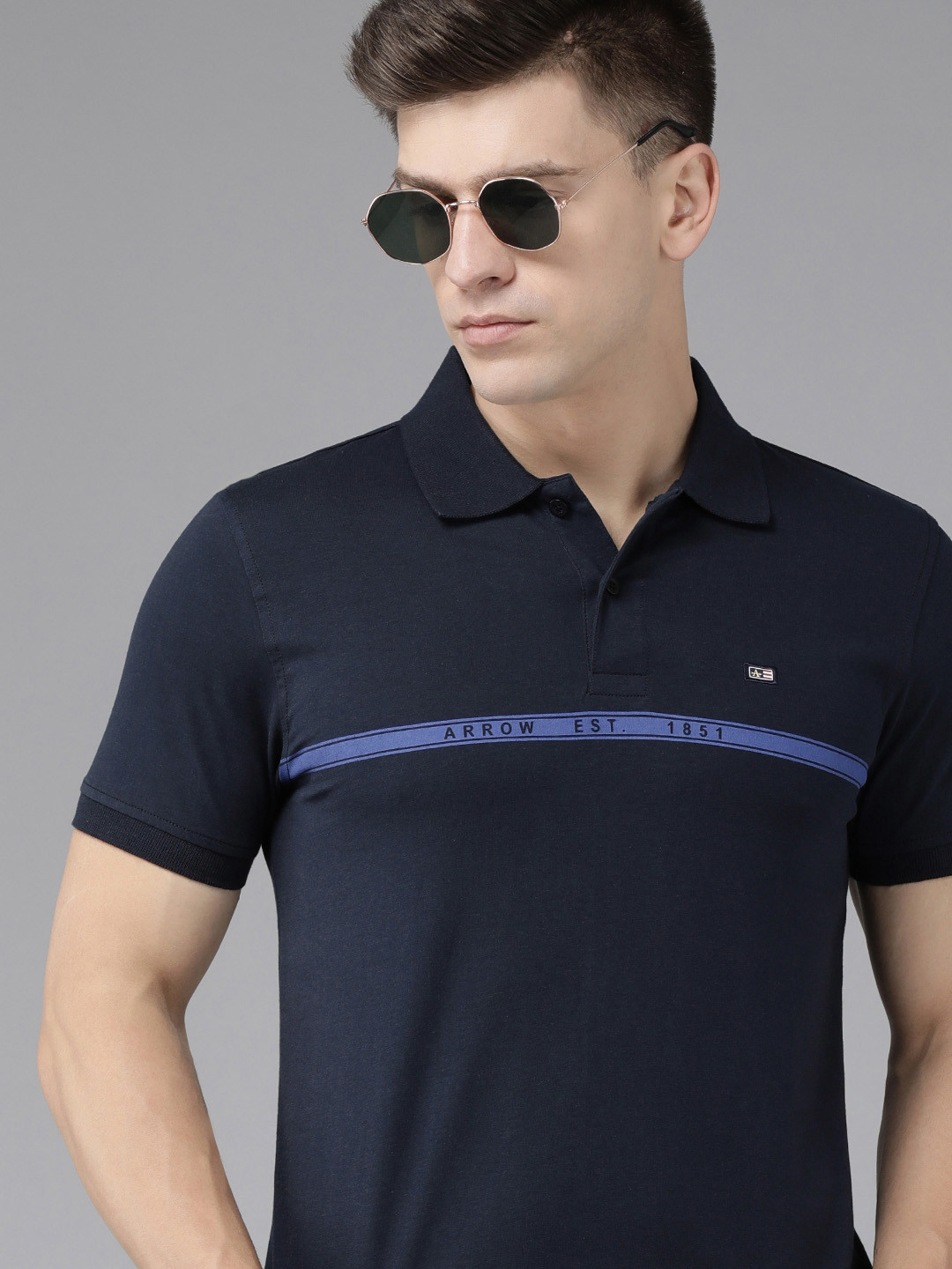 

Arrow Men Navy Blue Striped Polo Collar Indigo Pure Compact Cotton Slim Fit T-shirt