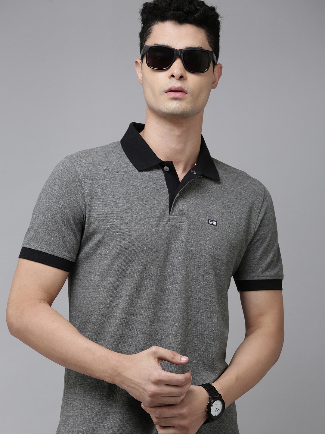 

Arrow Men Charcoal Grey Melange Solid Contrast Polo Collar Pure Compact Cotton T-shirt