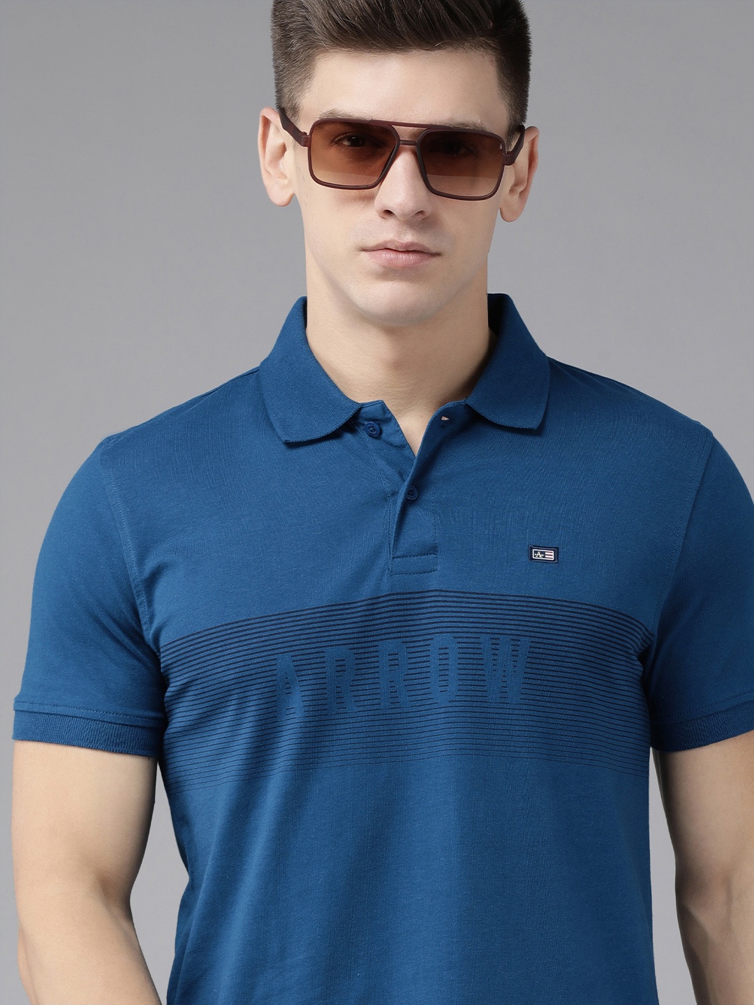 

Arrow Men Blue Striped Polo Collar Pure Compact Cotton Slim Fit T-shirt With Brand Logo