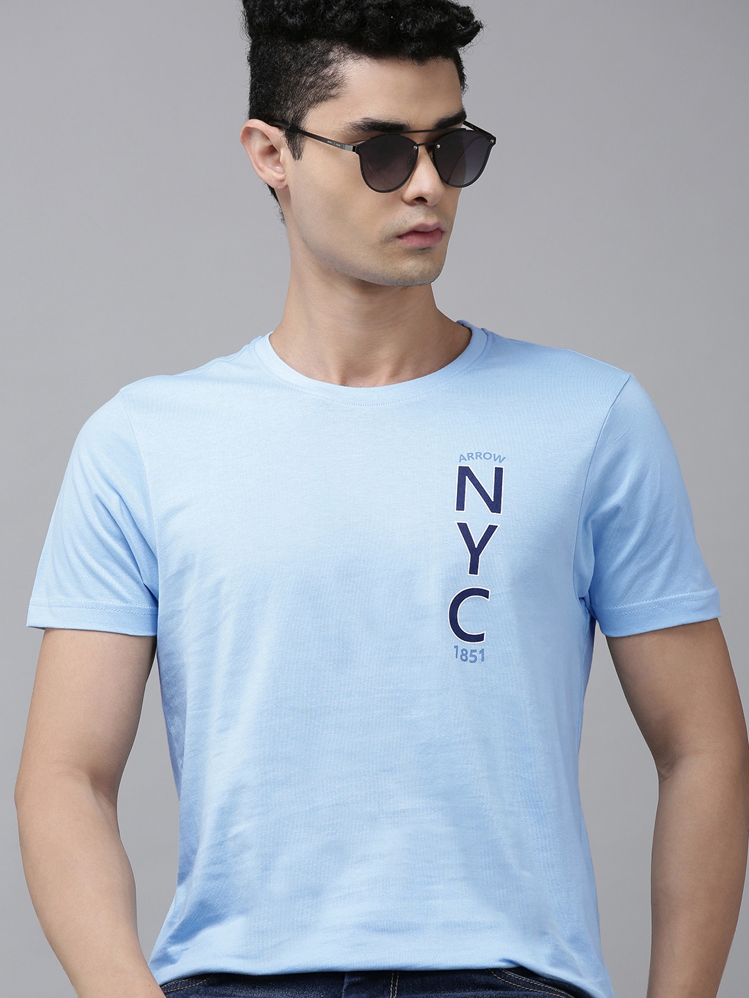 

Arrow Men Blue Typography Printed T-shirt