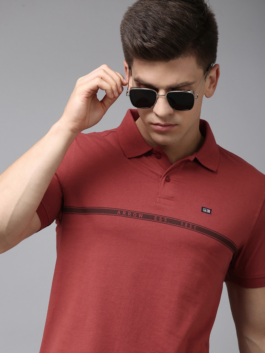 Arrow Men Brand Logo Printed Polo Collar Pure Cotton T-shirt, Maroon