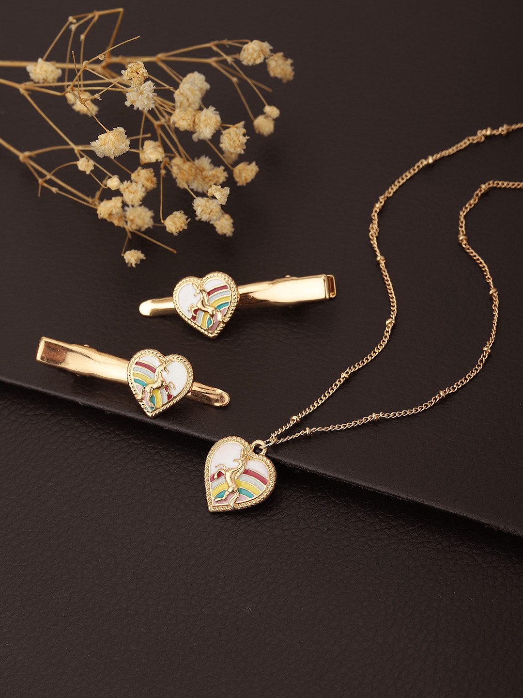 

Carlton London Girls Gold-Plated Necklace with 2 Hair Clips