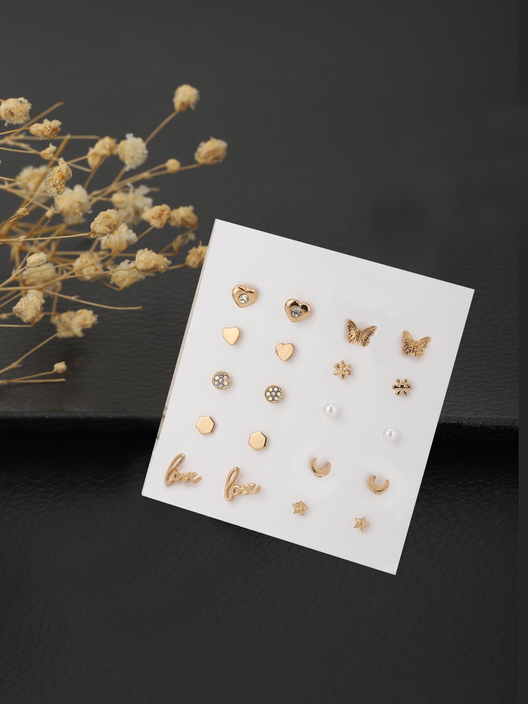 

Carlton London Set of 10 Gold-Toned & White Contemporary Studs Earrings