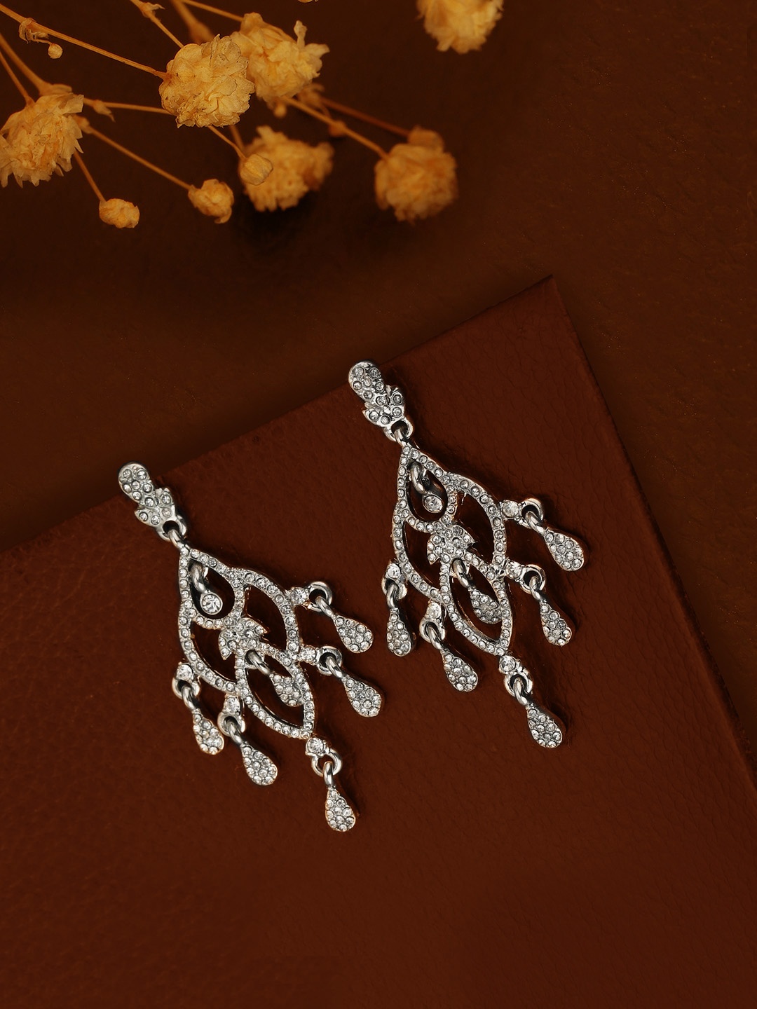

Carlton London Silver-Toned Teardrop Shaped Drop Earrings