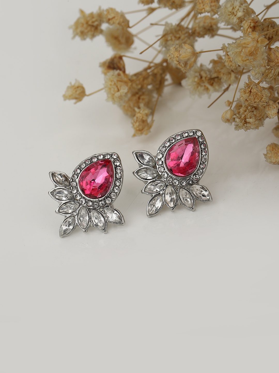 

Carlton London Silver-Toned & Pink Teardrop Shaped Studs Earrings