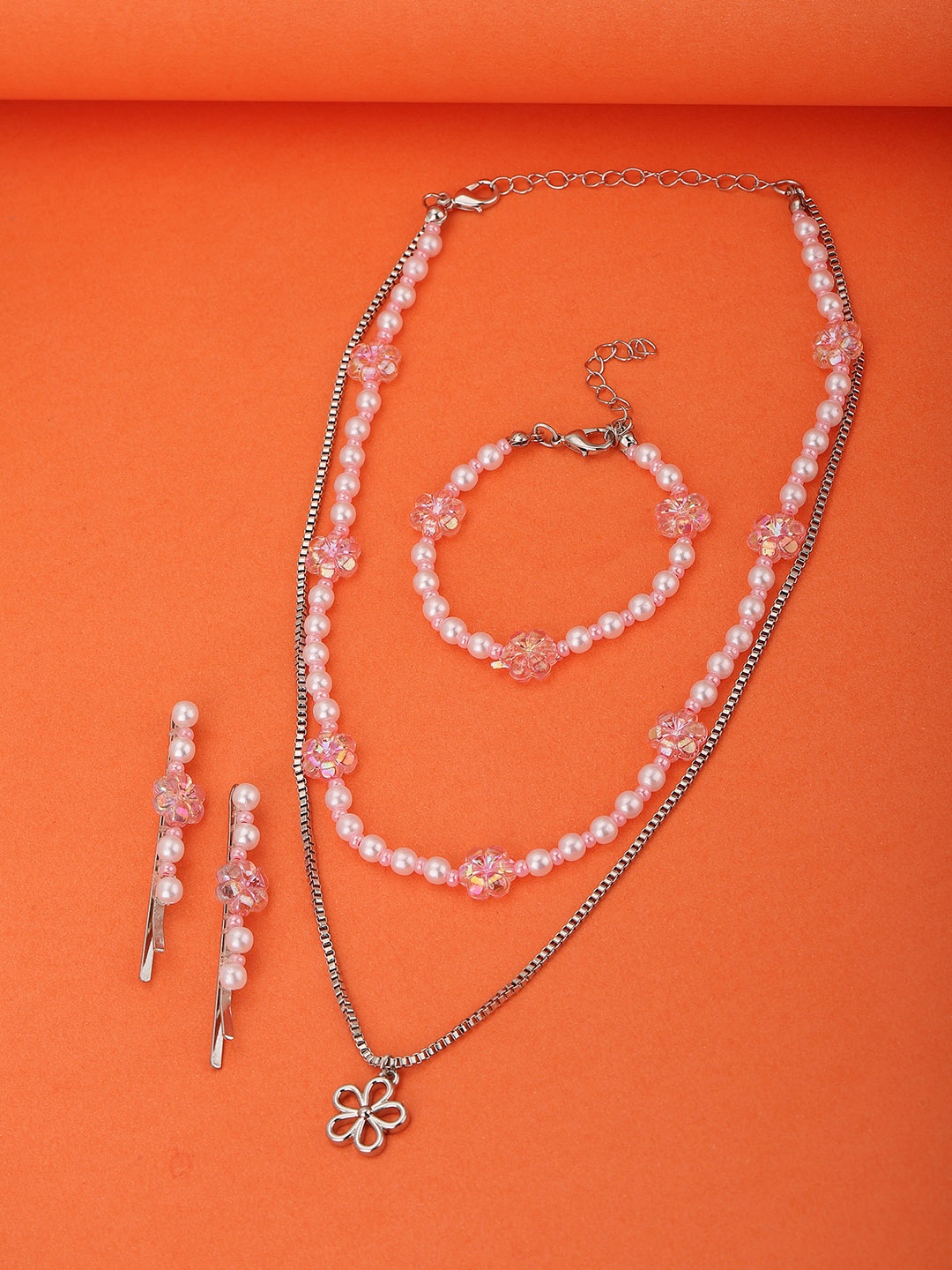 

Carlton London Girls White & Pink Beaded Rhodium-Plated Layered Jewellery Set