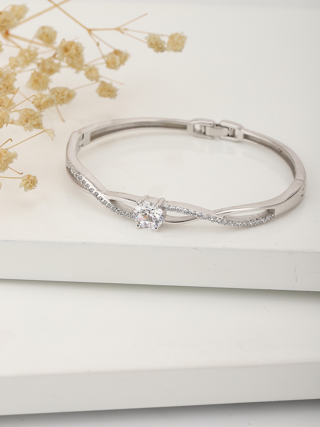 

Carlton London Women Silver-Toned Brass Cubic Zirconia Rhodium-Plated Bangle-Style Bracelet