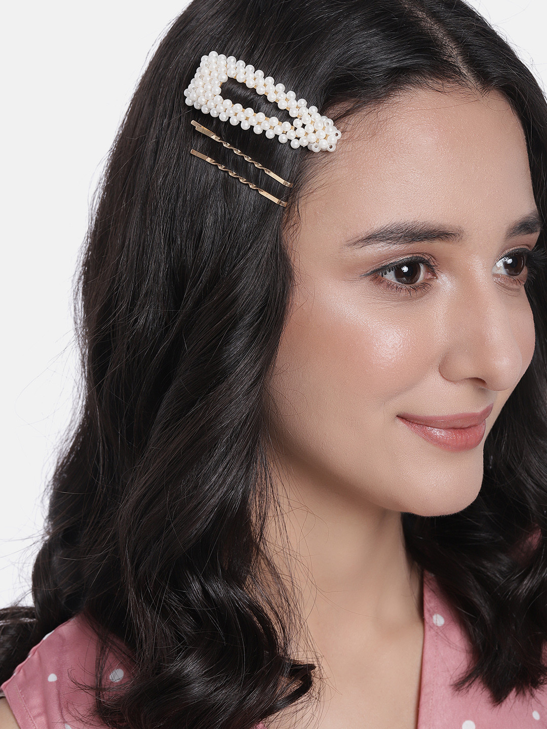 

DressBerry Women Beaded Tic Tac Hair Clip and Set of 2 Bobby Pins, Gold