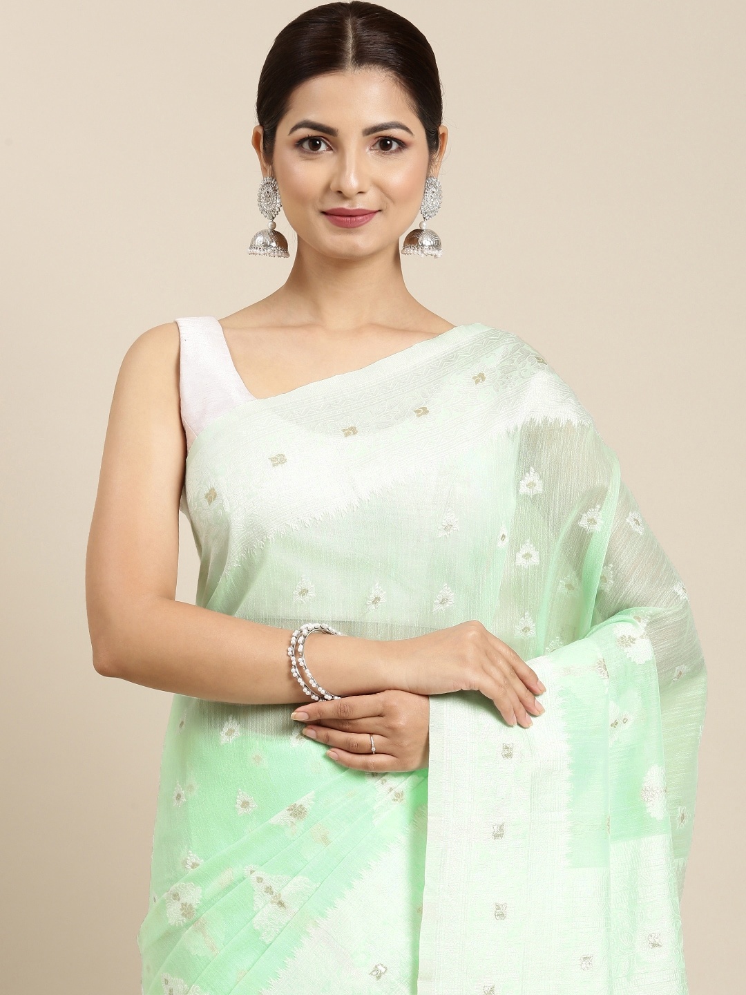 

PERFECTBLUE Green & White Ethnic Motifs Silk Cotton Saree