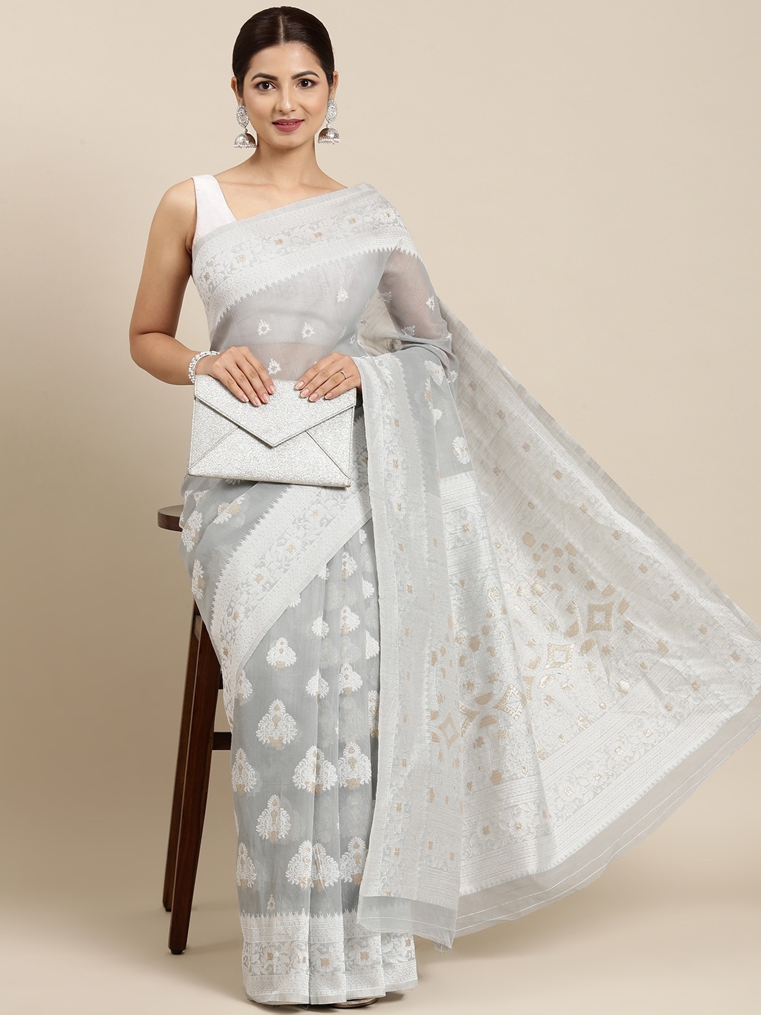 

PERFECTBLUE Grey & White Ethnic Motifs Silk Cotton Saree