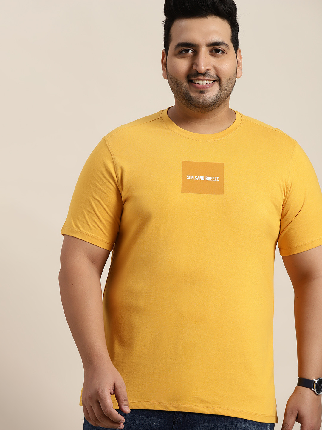 

Sztori Men Plus Size Mustard Yellow Pure Cotton Typography Printed Detail T-shirt