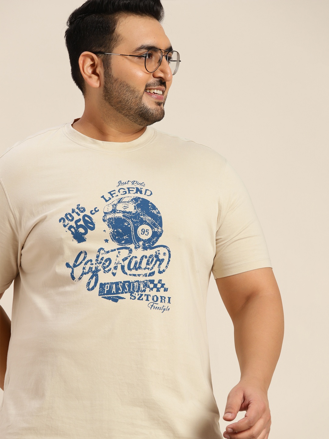 

Sztori Men Plus Size Beige & Blue Graphic Printed Pure Cotton T-shirt