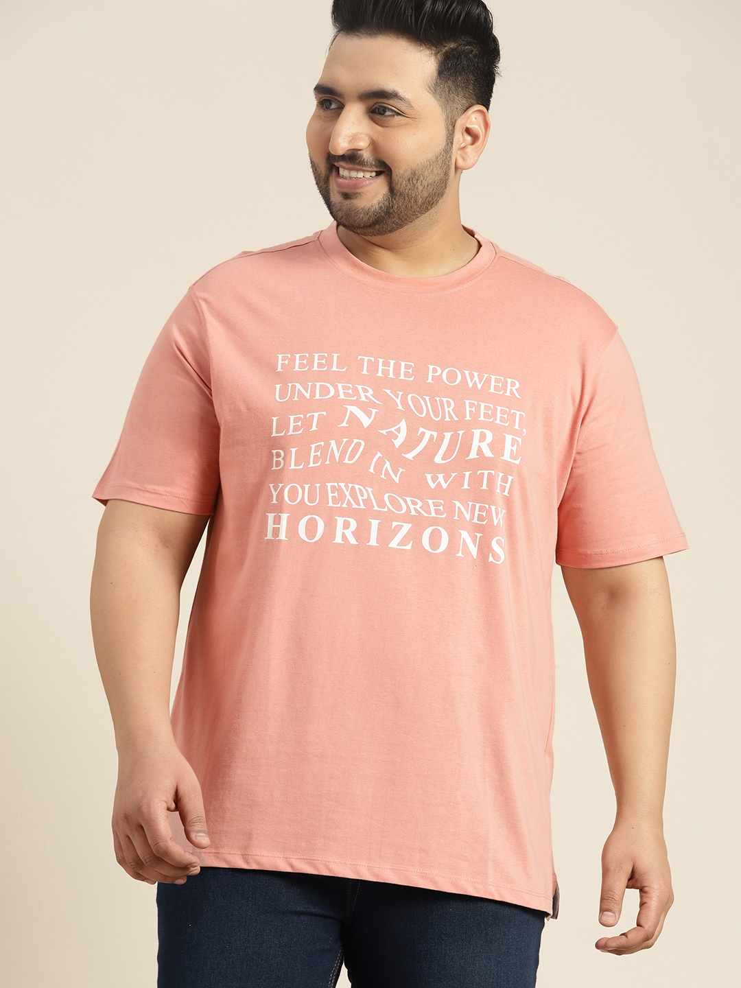 

Sztori Men Plus Size Printed Pure Cotton T-shirt, Peach