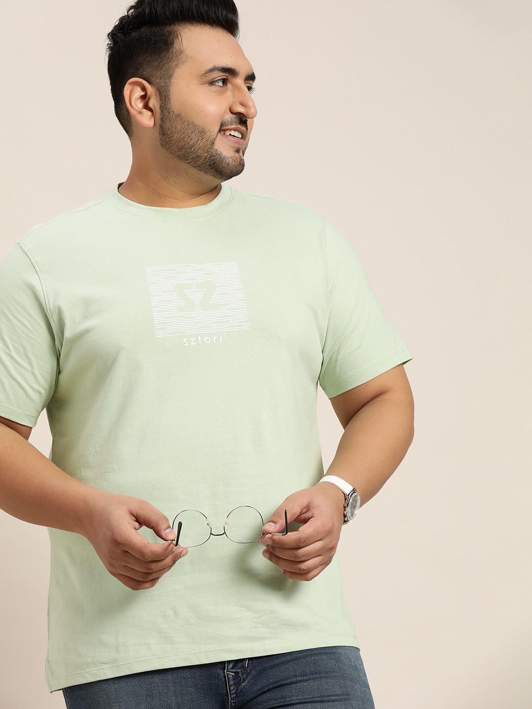 

Sztori Men Plus Size Sea Green & White Printed Pure Cotton T-shirt