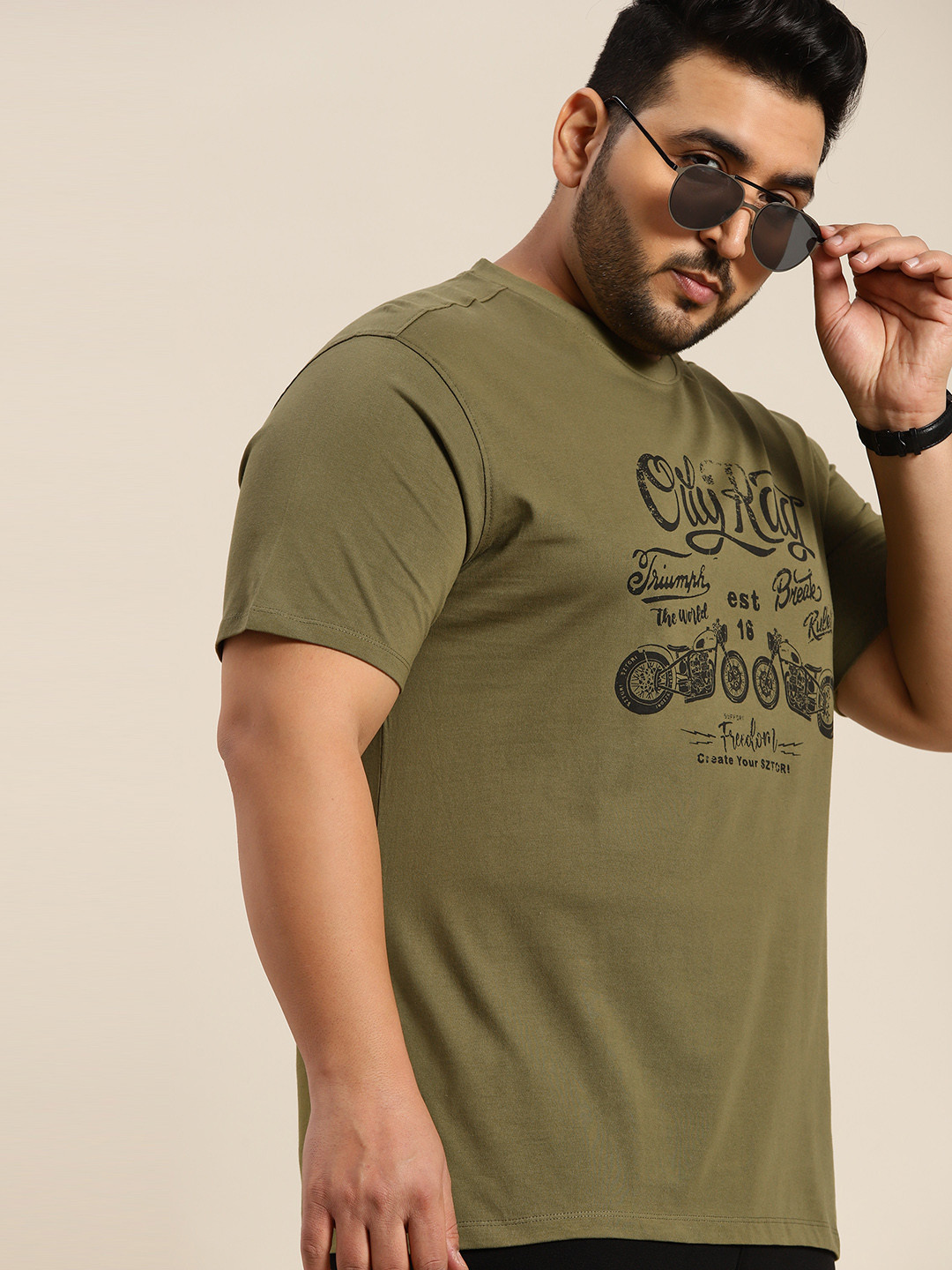 

Sztori Men Plus Size Olive Green & Black Biker Printed Pure Cotton T-shirt